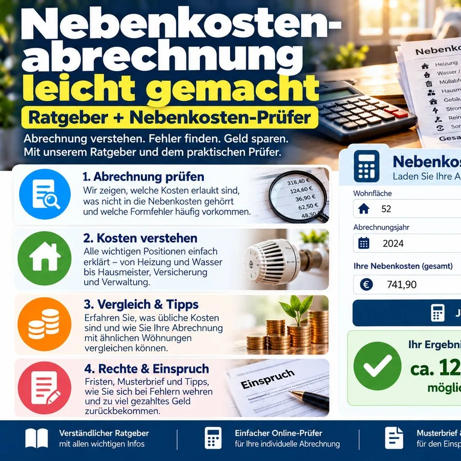 Hero-Grafik zur Nebenkostenabrechnung mit Rechner, Lupe und Kostenbeispiel