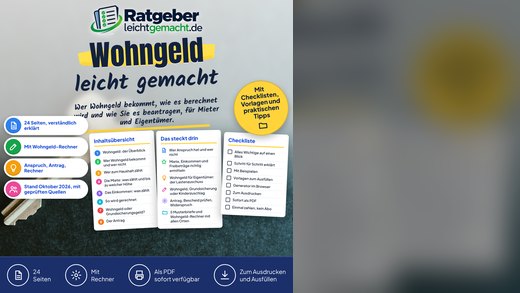 Grafik zu Wohngeld mit Ratgeber-Mockup und Informationen