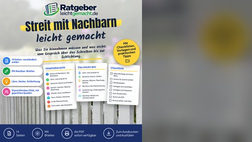 Grafik zu Streit mit Nachbarn mit Ratgeber-Mockup und praktischen Tipps