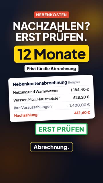 Mobile Anzeige mit Nachzahlungsbeispiel und 12-Monats-Frist für Nebenkostenabrechnung