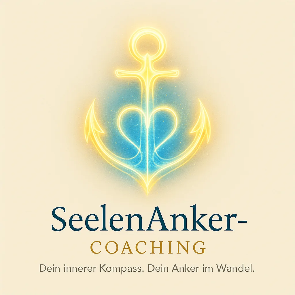 Leuchtendes Anker-Symbol mit Herz in blau-gelb auf beigem Hintergrund, SeelenAnker-Coaching Logo