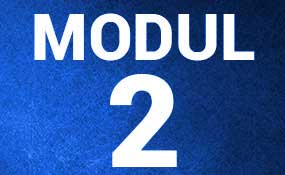 Modul-2-Übersicht mit weißer Schrift auf blauem strukturiertem Hintergrund