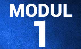 Modul-1-Übersicht mit weißer Schrift auf blauem strukturiertem Hintergrund
