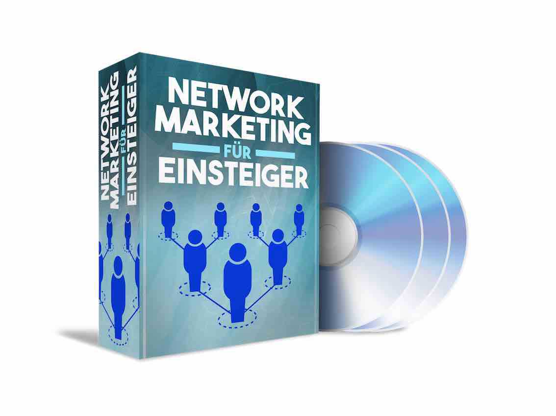 Produktmockup: Box und DVDs des Kurses Networkmarketing für Einsteiger mit Netzwerk-Grafik