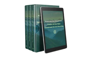 Mockup des Neue Erde Kongresspakets mit drei grünen Büchern und iPad-Display