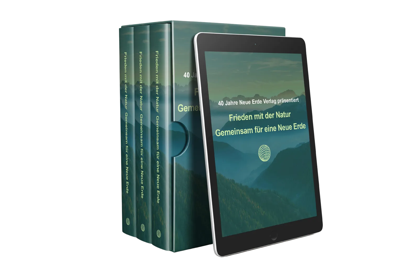 Mockup des Neue Erde Kongresspakets mit drei grünen Büchern und iPad-Display