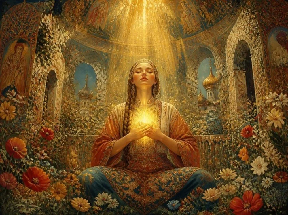 Neuro-Energetic-Programming Master – Energiecoach von Stefanie Bruns 3 Abstrakte Meditation-Illustration mit leuchtender Frau in ornamentaler Kirche mit Blumen und Lichtstrahlen