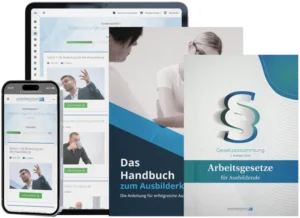 Mockup von ausbilderschein24 Plattform auf Smartphone und Tablet mit Handbuch