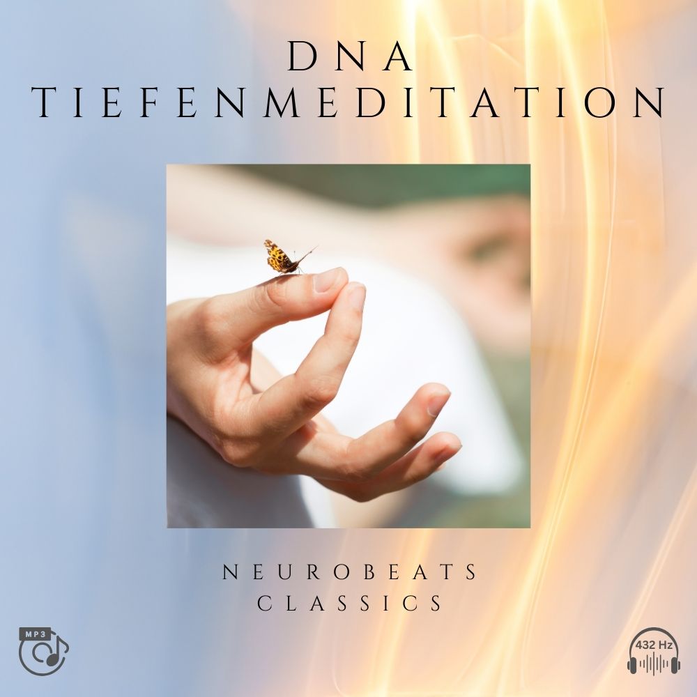 DNA Tiefenmeditation Cover mit Hand und Schmetterling, beige-goldener Farbverlauf, NeuroBeats Classics