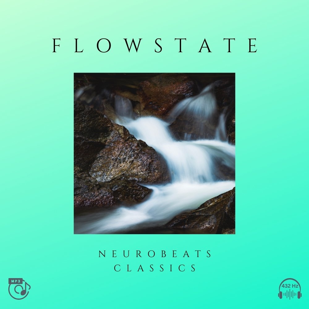 Flowstate Cover mit fließendem Wasser über Steinen, mintgrüner Hintergrund, NeuroBeats Classics