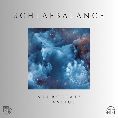 Schlafbalance Cover mit blauen Wolken und Sternen, grauer Hintergrund, NeuroBeats Classics