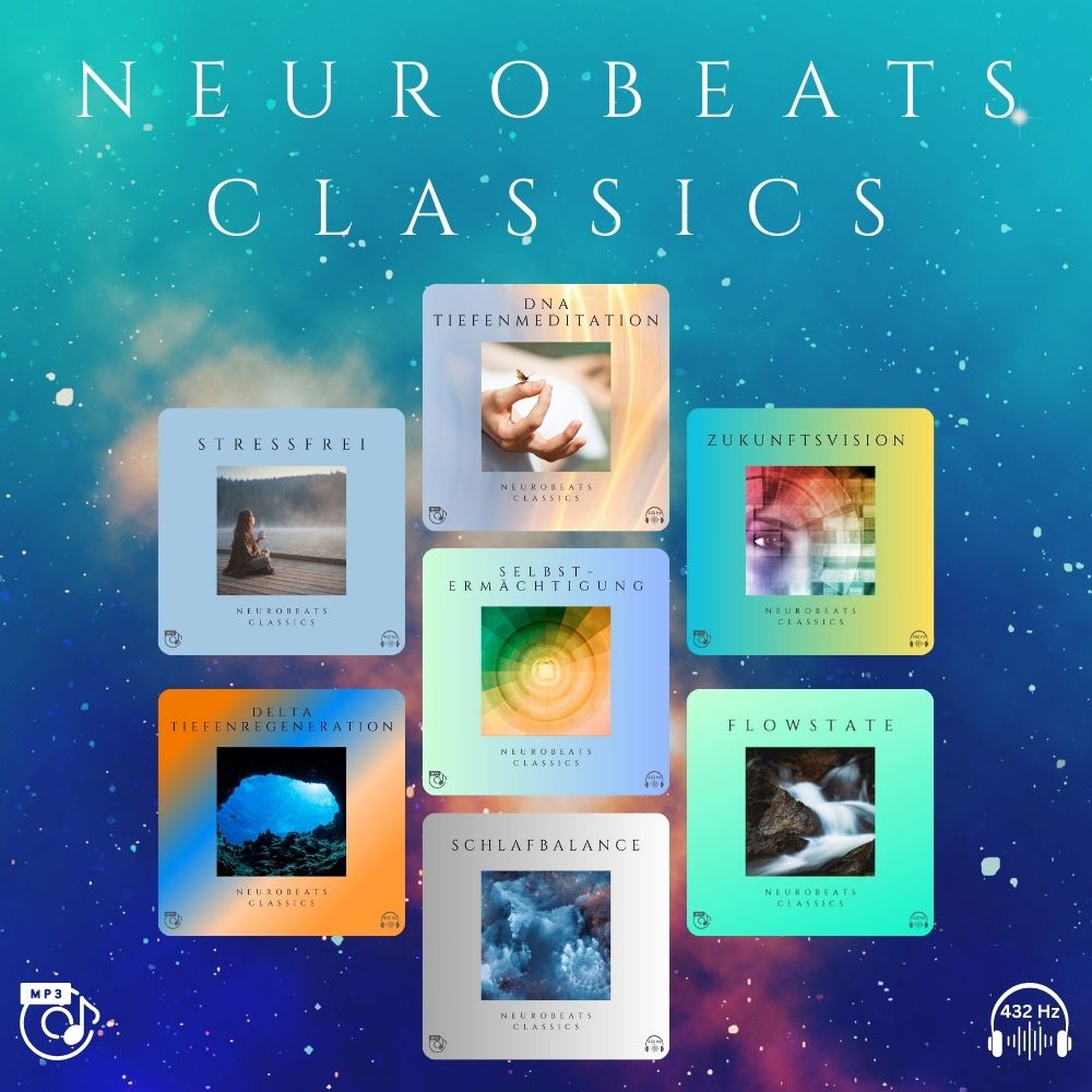 NeuroBeats Classics All-in-One Sammlung mit sieben farbigen Audio-Programm-Covern auf türkisem Sternenhintergrund