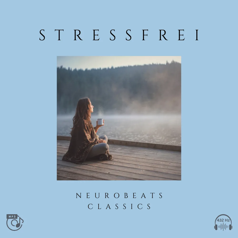 Stressfrei Cover mit Frau auf Holzsteg am See, türkisfarbener Hintergrund, NeuroBeats Classics