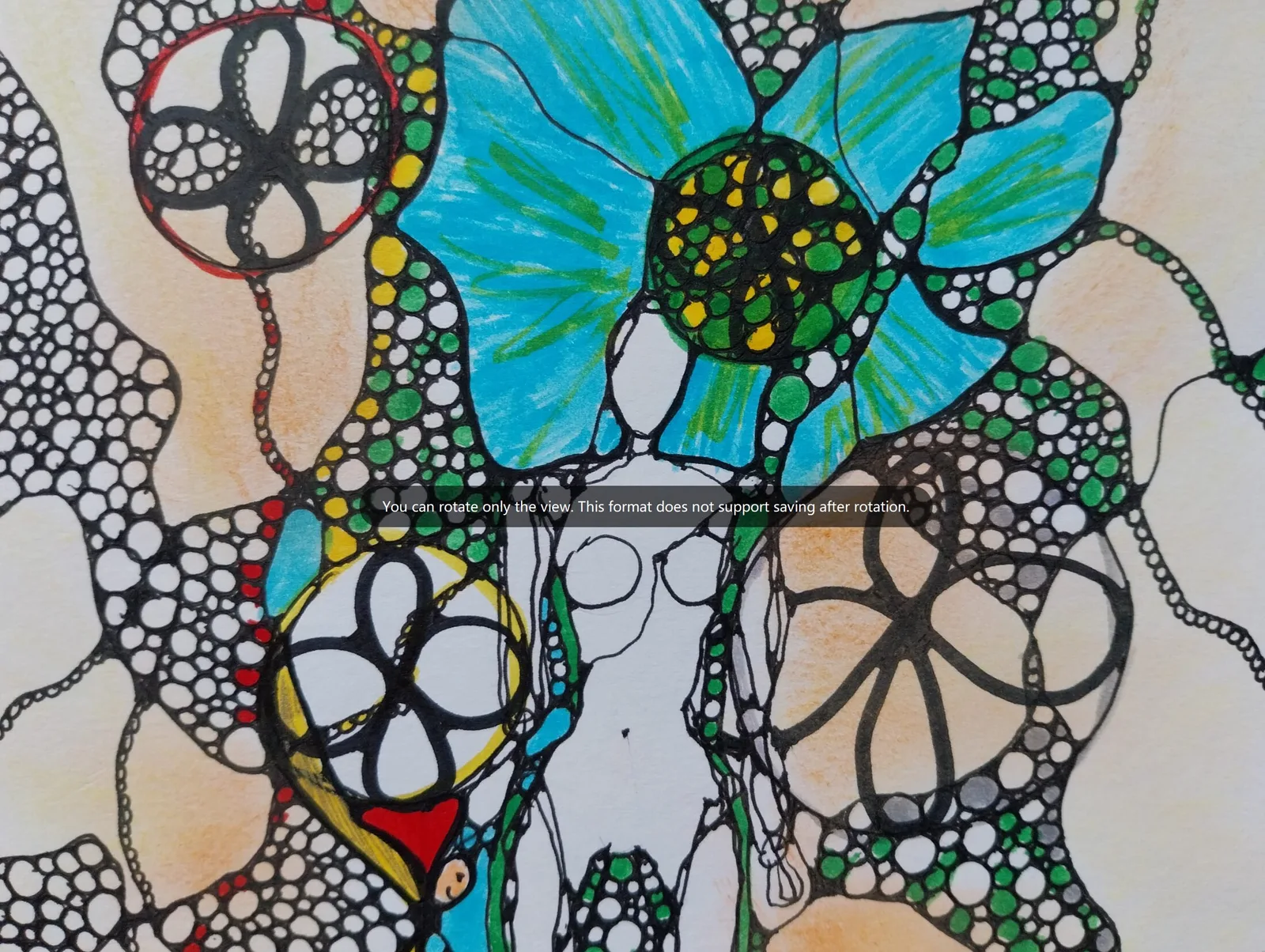 Neurodings Kunstwerk einer weiblichen Figur mit bunten Blüten und geometrischen Mustern