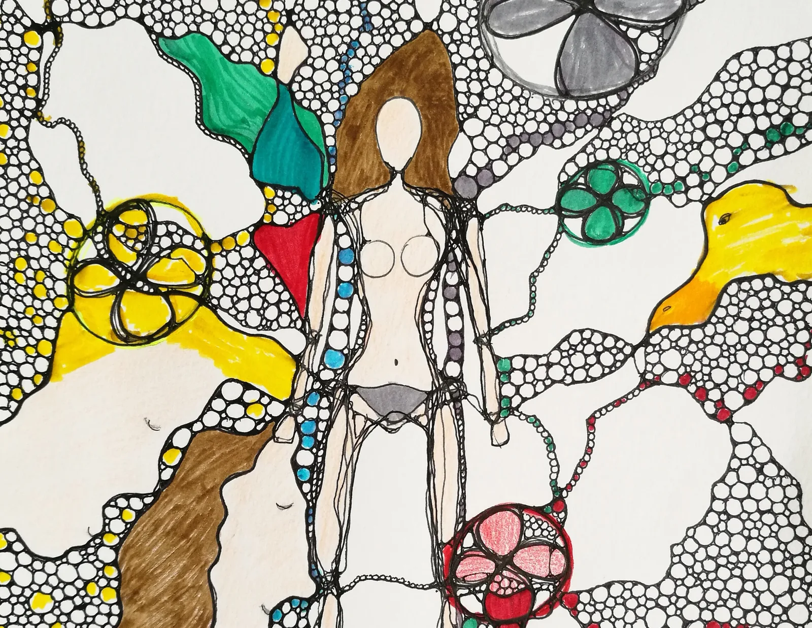 Neurodings Kunstwerk einer weiblichen Figur mit farbigen Elementen und geometrischen Details
