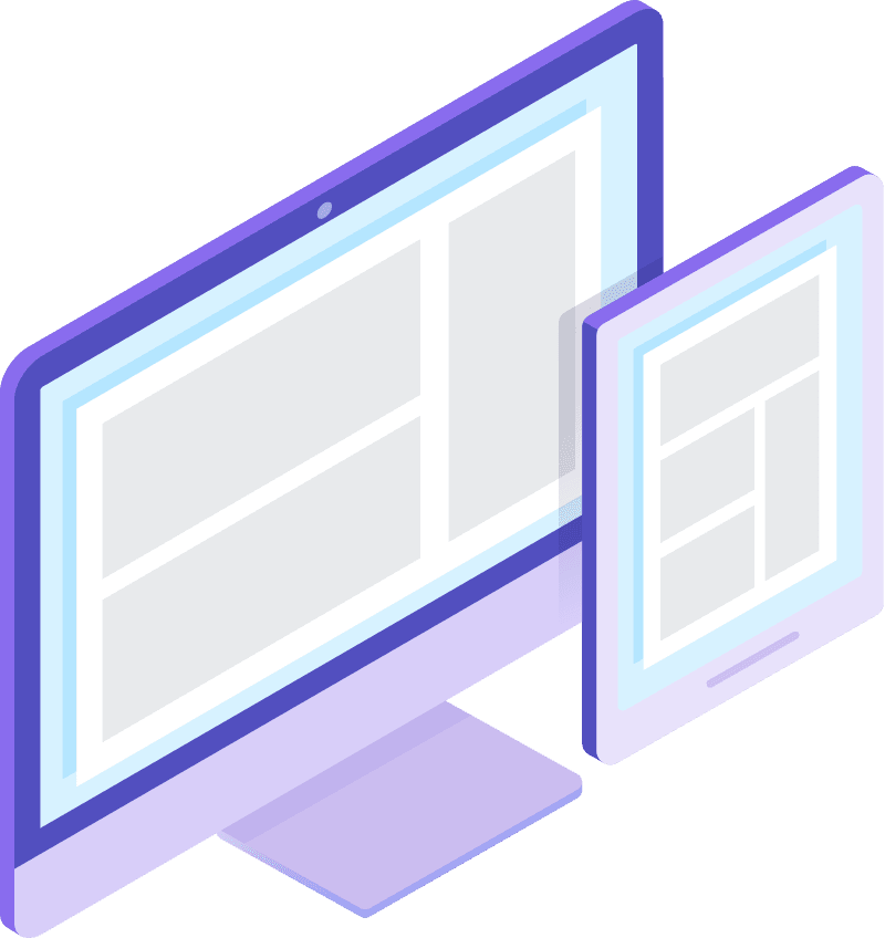 Isometrische Illustration von Monitor und Mobilgerät in 3D-Design mit lila Rahmen