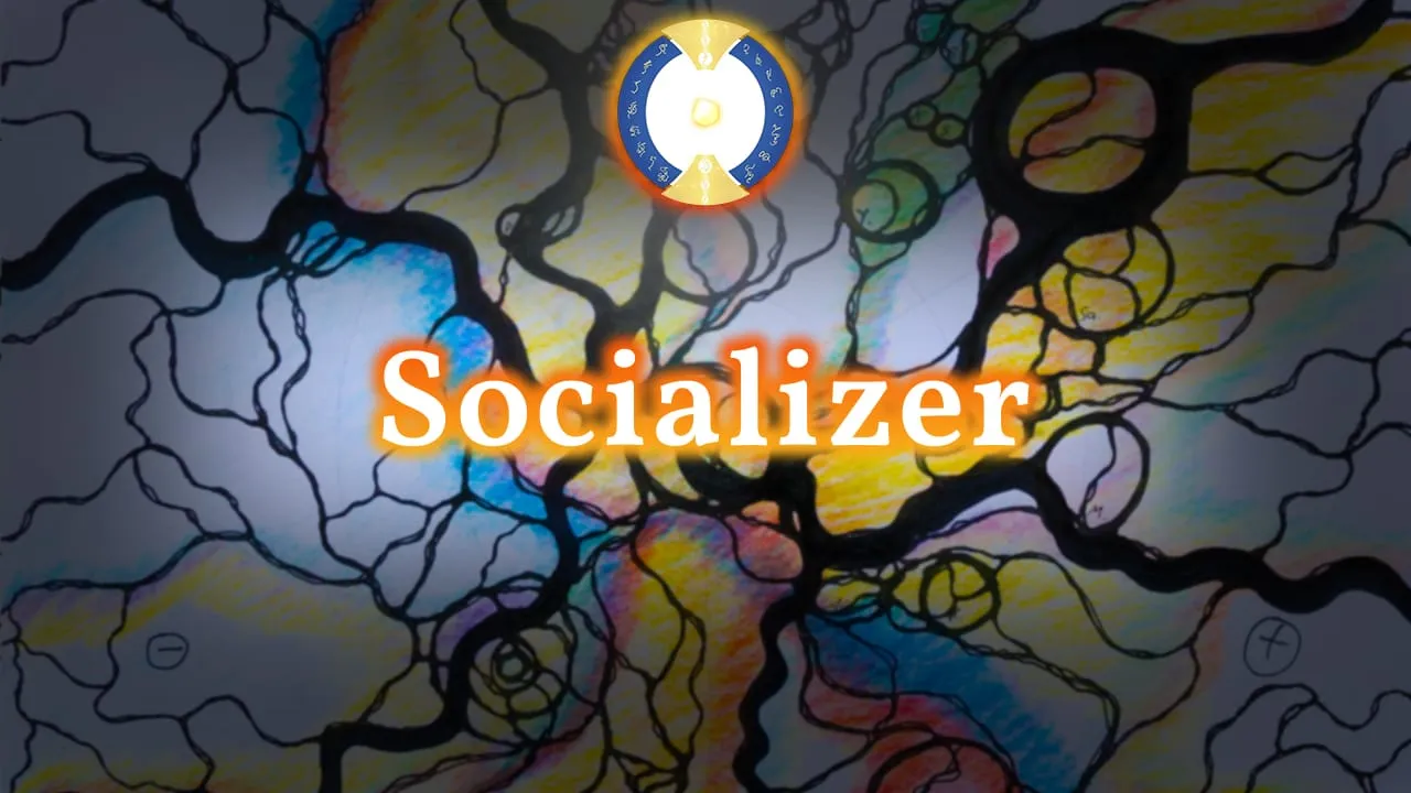 Videostandbild Socializer mit Blautönen in NeuroGraphik-Zeichnung und Kompassrose