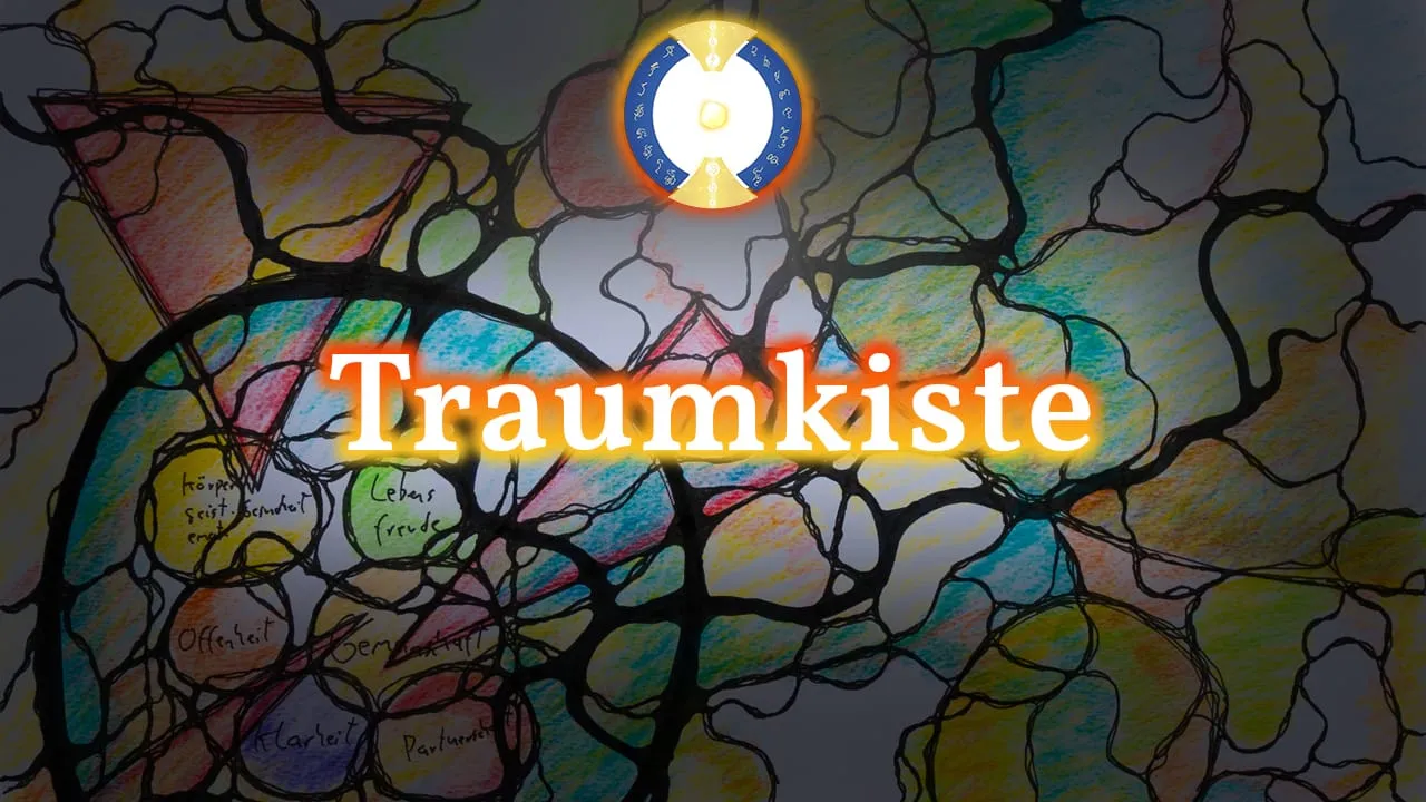 Videostandbild Traumkiste mit buntem NeuroGraphik-Muster und Notizen, Kompassrose