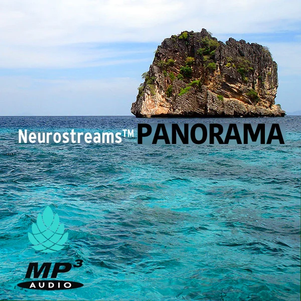 Panorama Cover mit Felsinsel im türkisblauem Meer, Neurostreams™ Logo und MP³ Audio