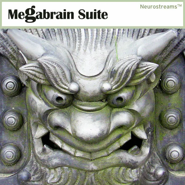 Megabrain Suite Produktabbildung mit grüner Steinmaske, Bolzen und Neurostreams™ Branding