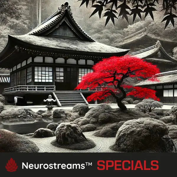 Specials Cover mit japanischem Tempel, Garten und leuchtend rotem Ahornbaum in Schwarzweiß