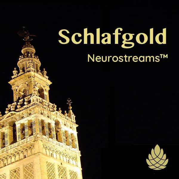 Schlafgold Neurostreams Cover mit goldenem Kirchturm auf schwarzem Hintergrund