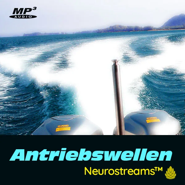 Motorboot mit Antriebswellen auf türkisem Meer, Antriebswellen und Neurostreams™ Text