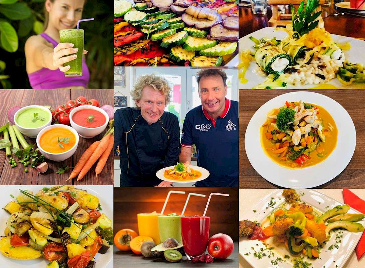 Neustart Ernährung – Basisch-Kochen-Kurs von Ralf Moll 8 Collage mit grünem Smoothie, gegrilltem Gemüse, Suppen, zwei Männern, Gemüsegerichten und Säften