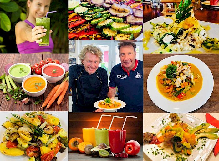 Neustart Ernährung – Basisch-Kochen-Kurs von Ralf Moll 9 Collage mit grünem Smoothie, gegrilltem Gemüse, Suppen, zwei Männern, Gemüsegerichten und Säften