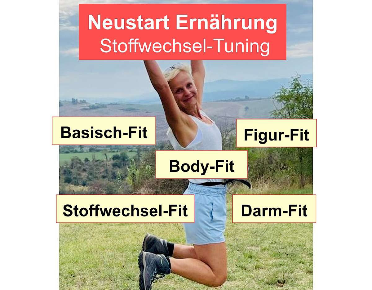 Neustart Ernährung – Basisch-Kochen-Kurs von Ralf Moll 20 Frau auf Wiese springend mit Überschrift Neustart Ernährung Stoffwechsel-Tuning und vier Fitness-Kategorien