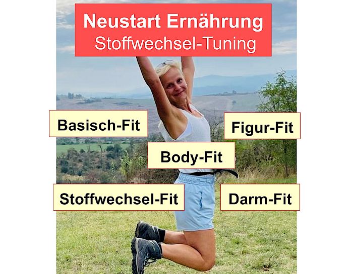 Neustart Ernährung – Basisch-Kochen-Kurs von Ralf Moll 21 Frau auf Wiese springend mit Überschrift Neustart Ernährung Stoffwechsel-Tuning und vier Fitness-Kategorien