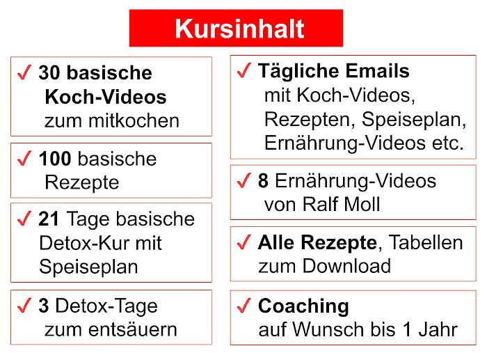 Neustart Ernährung – Basisch-Kochen-Kurs von Ralf Moll 31 Kursinhalt Neustart Ernährung mit 30 Koch-Videos, 100 Rezepten, 21 Tage Detox-Kur, 3 Detox-Tage, tägliche Emails, 8 Ernährung