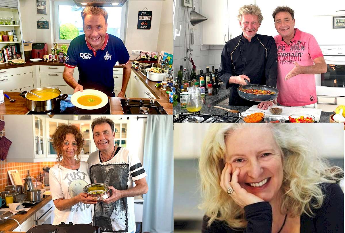 Neustart Ernährung – Basisch-Kochen-Kurs von Ralf Moll 34 Collage mit vier Bildern: Ralf Moll mit Suppe, zwei Männer kochend, Paar mit Suppe, blonde Frau lächelnd