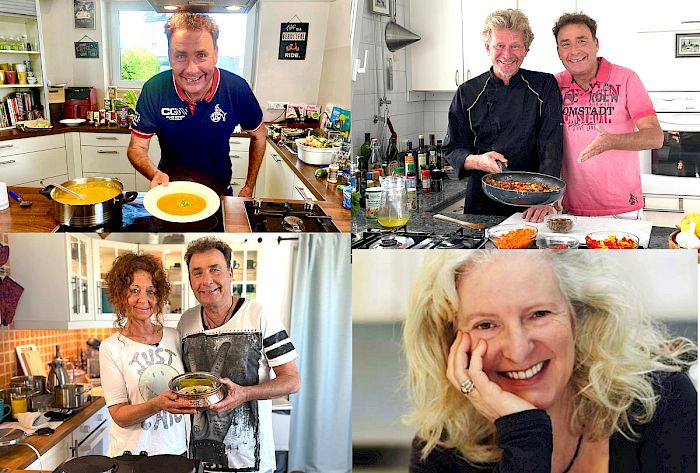 Neustart Ernährung – Basisch-Kochen-Kurs von Ralf Moll 35 Collage mit vier Bildern: Ralf Moll mit Suppe, zwei Männer kochend, Paar mit Suppe, blonde Frau lächelnd