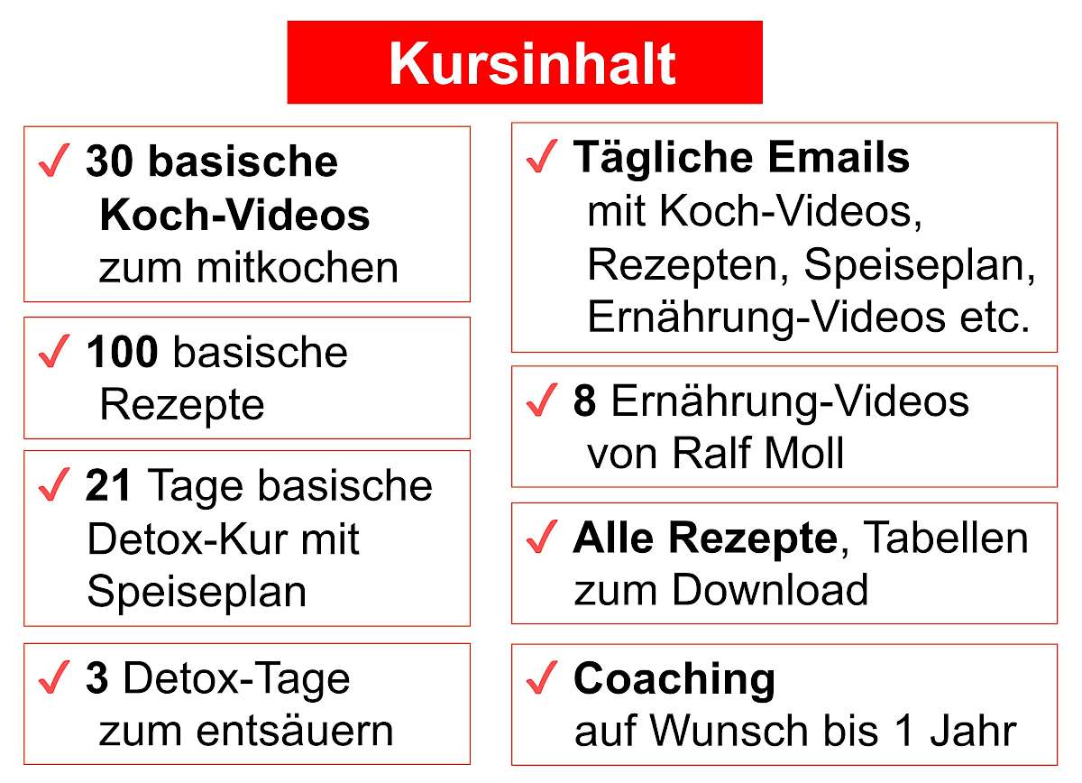 Neustart Ernährung – Basisch-Kochen-Kurs von Ralf Moll 11 Rote Überschrift Kursinhalt mit Checkboxen zu Kochvideos, Rezepten, Detox-Kur, Emails, Videos und Coaching