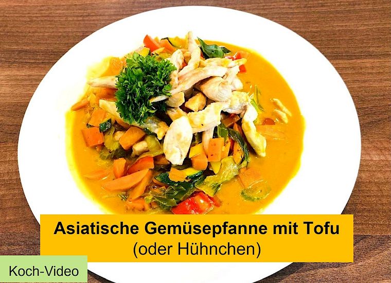 Neustart Ernährung – Basisch-Kochen-Kurs von Ralf Moll 26 Gemüsepfanne mit Tofu auf weißem Teller, Text über asiatische Gemüsepfanne