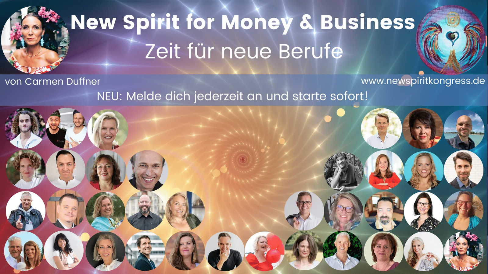 Hero-Banner New Spirit for Money & Business mit Carmen Duffner, spirituellen Symbolen und Teilnehmerfotos