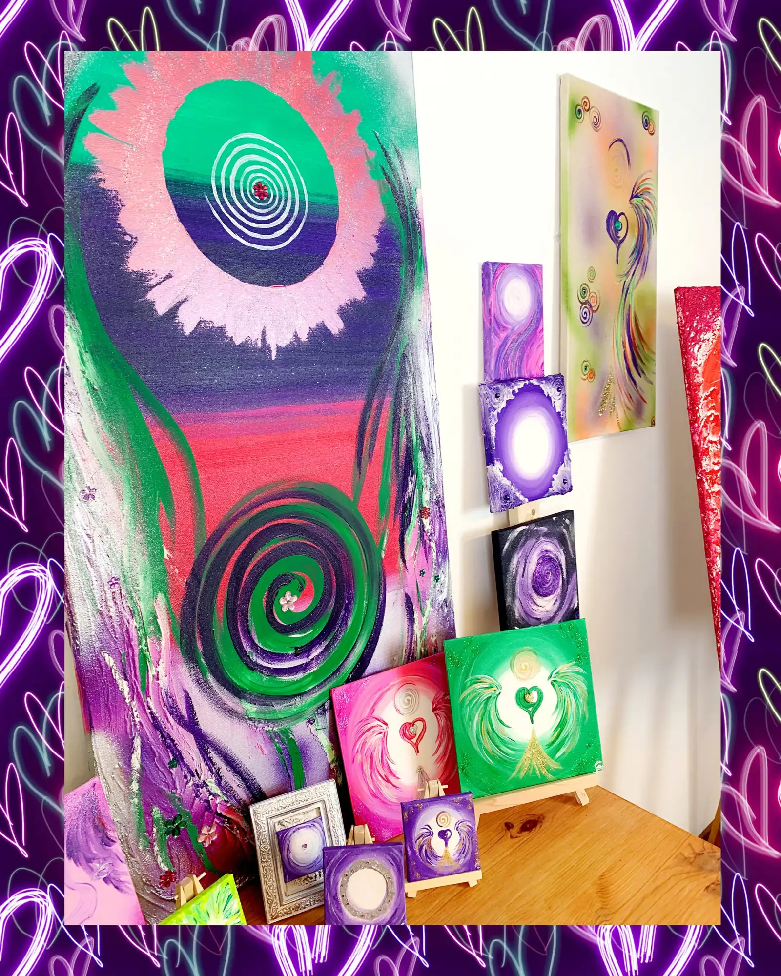Kunstwerk von Angela B. aus der Schweiz mit bunten spirituellen Gemälden, leuchtende Spiralen, Engel, Herzen, Neon-Hintergrun