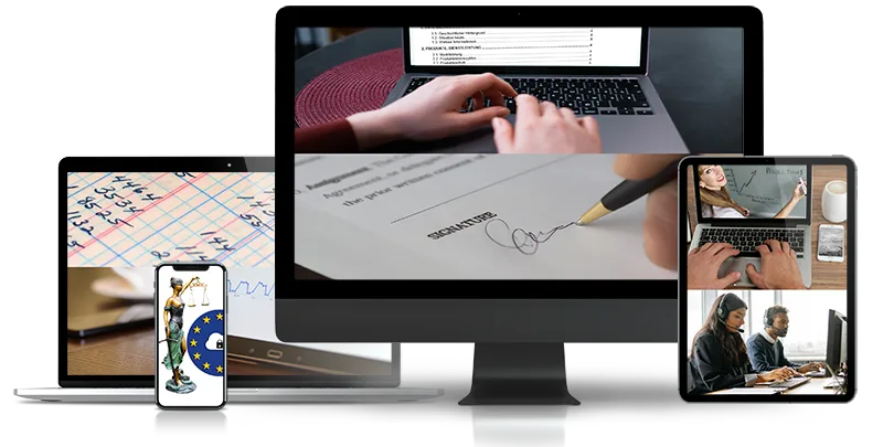 Newbie Quickstart Kurs auf verschiedenen Geräten: Desktop-Monitor zeigt Laptop mit Händen am Trackpad, daneben Tablet und Sma