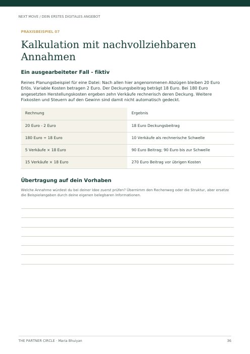 Vorschau eines Kapitels zur Preiskalkulation mit fiktivem Rechenbeispiel und Arbeitsanleitung