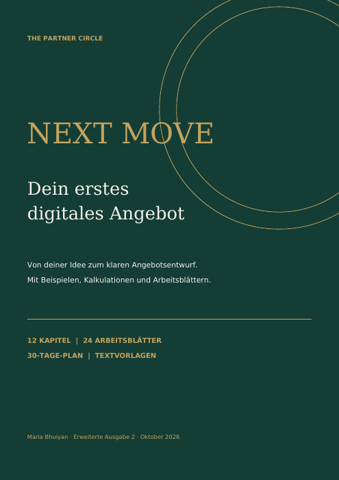 Cover des Arbeitsbuches NEXT MOVE – Dein erstes digitales Angebot mit grünem Hintergrund und goldenen Designelementen