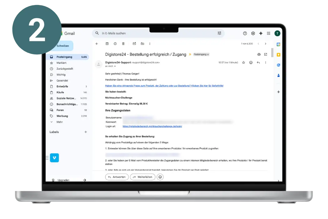 Gmail-Posteingang mit Bestätigungsemail der Nichtraucher-Challenge Bestellung und Zugangsdaten zum Kurs