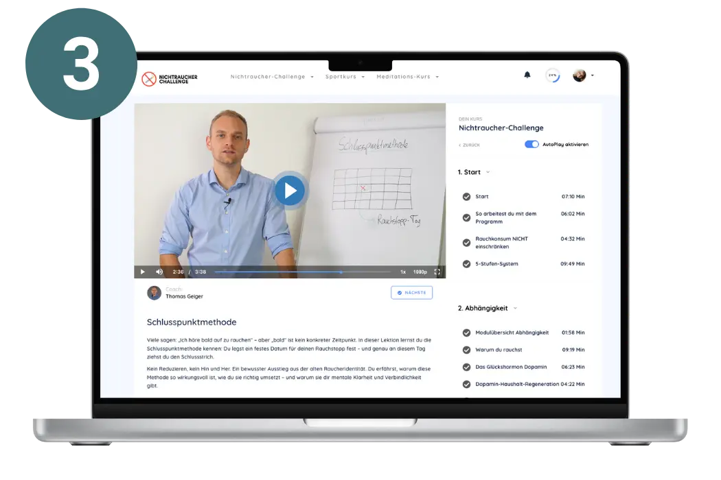 Login-Bereich und Kurs-Mitgliederseite der Nichtraucher-Challenge mit Video-Lektionen und strukturiertem Rauchstopp-Programm