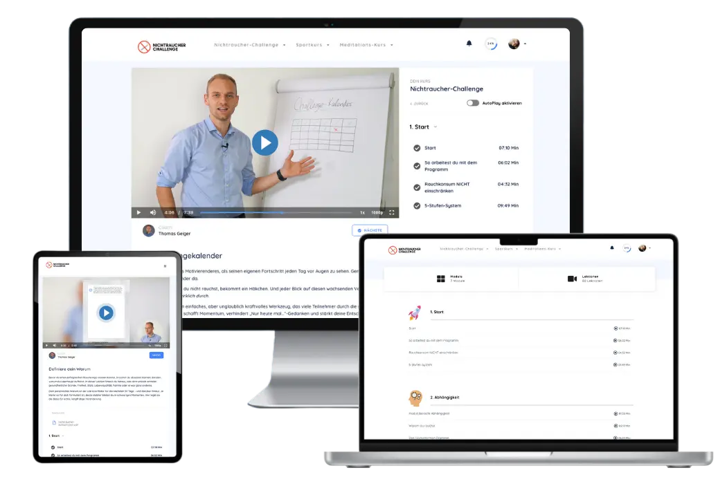 Nichtraucher-Challenge Produktbild zeigt Kursplattform auf Smartphone, Tablet und Laptop mit Video-Anleitung von Thomas Geige