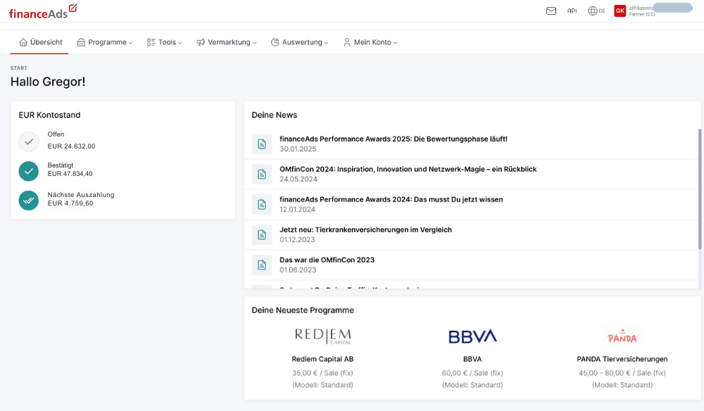 financeAds Einnahmen Nachweis