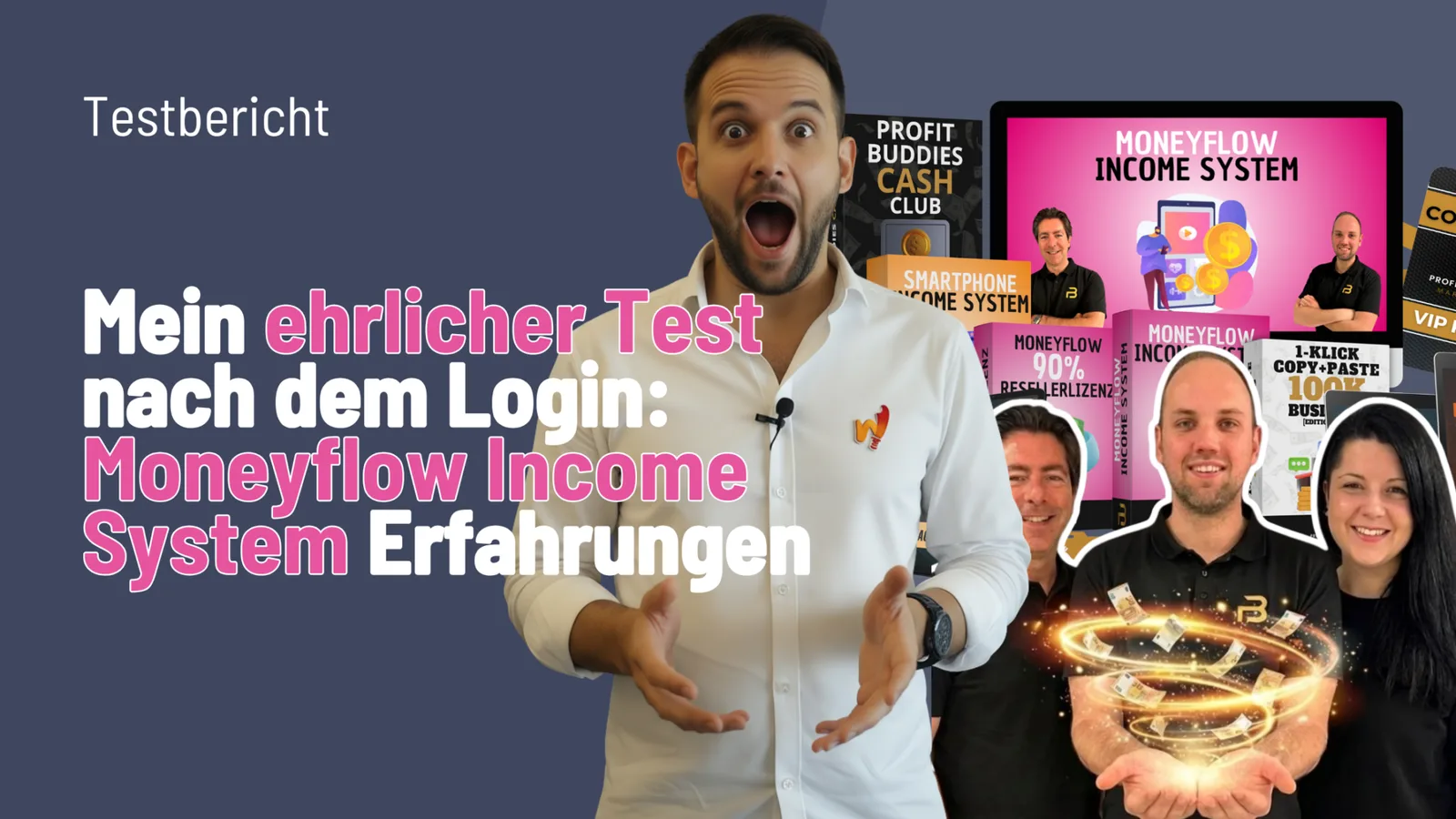 Mann mit erstaunt wirkendem Gesichtsausdruck vor Moneyflow Income System Materialien und Produkt-Mockups mit weiteren Persone