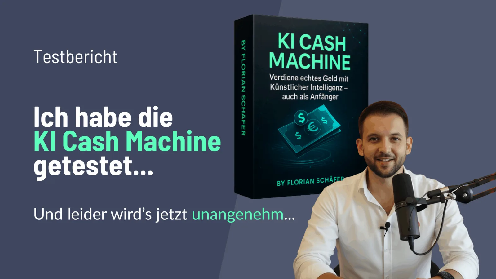 Junger Mann am Mikrofon neben KI Cash Machine Box in Schwarz-Grün mit Text über echtes Geld durch KI