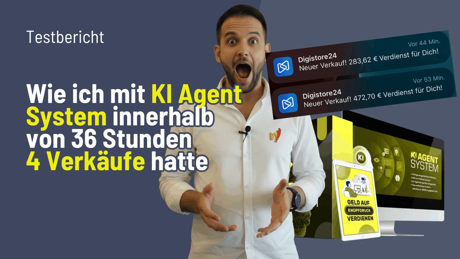 Mann in weißem Hemd mit erstaunt wirkendem Gesichtsausdruck, umgeben von KI Agent System Box und Verkaufs-Benachrichtigungen
