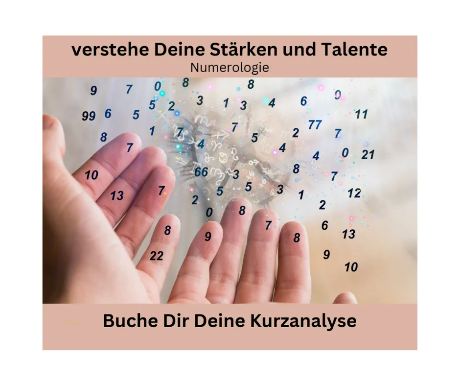 Numerologie Kurzanalyse mit Hand und überlagerten Zahlen, Überschrift verstehe Deine Stärken und Talente