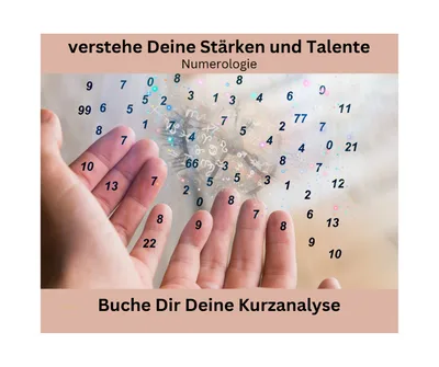 Numerologie Kurzanalyse mit Hand und überlagerten Zahlen im kleineren Format, Stärken und Talente